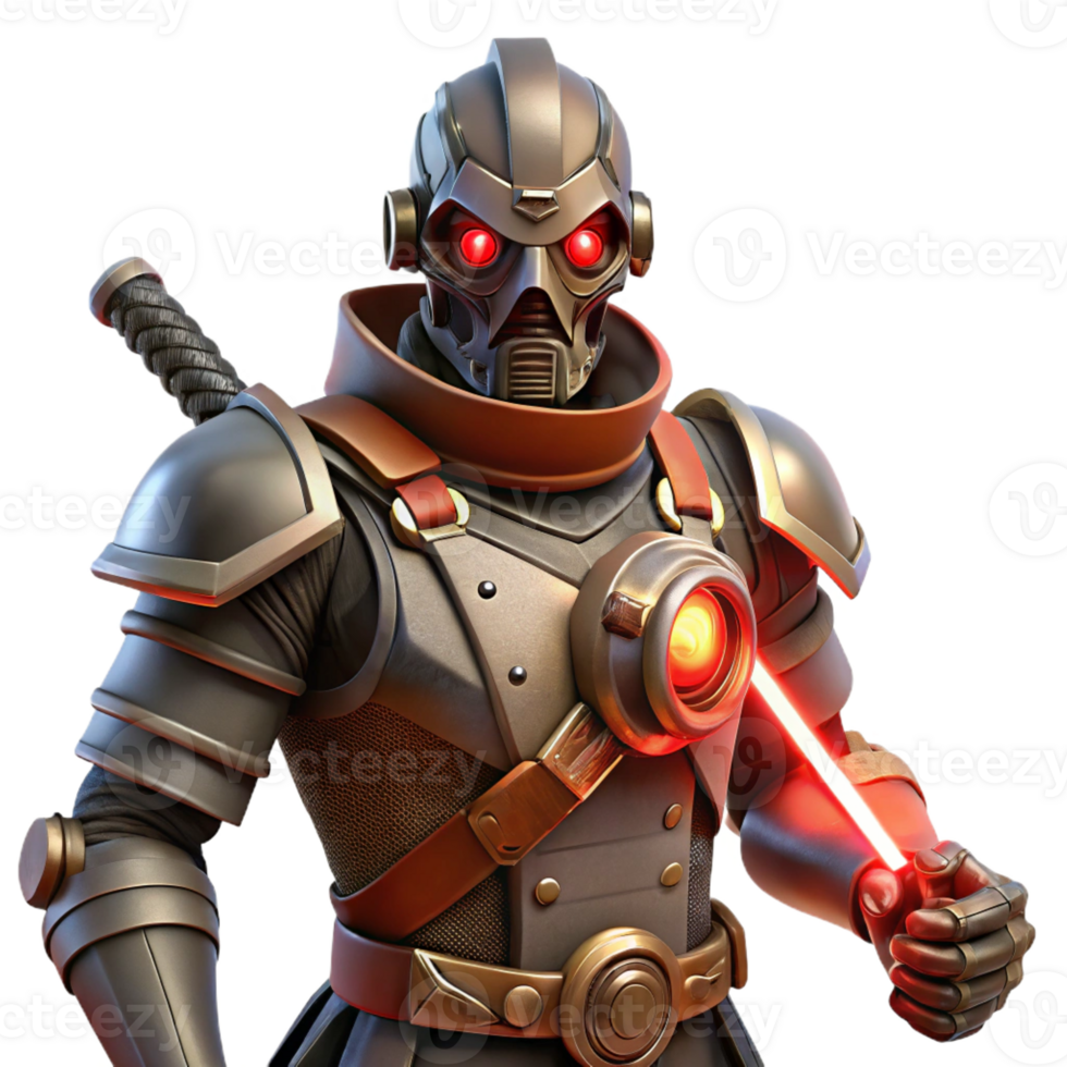 extraordinary artistic A fierce steampunk warrior, wearing a leather and metal exoskeleton, glowing red eyes, wielding a plasma blade, dynamic lighting, cyberpunk influences detailed png