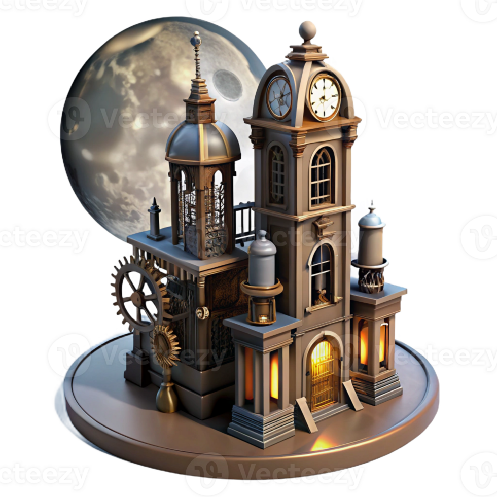 beautiful modern A towering steampunk clock tower, intricate gears and pipes exposed, casting a long shadow, lit by a full moon, gothic architecture high resolution png