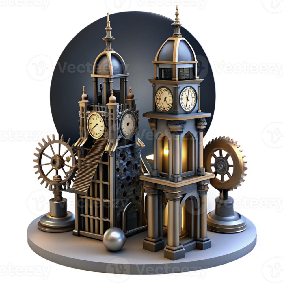 serene contemporary A towering steampunk clock tower, intricate gears and pipes exposed, casting a long shadow, lit by a full moon, gothic architecture 4K png