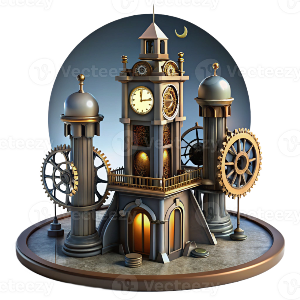 stunning creative A towering steampunk clock tower, intricate gears and pipes exposed, casting a long shadow, lit by a full moon, gothic architecture authentic png