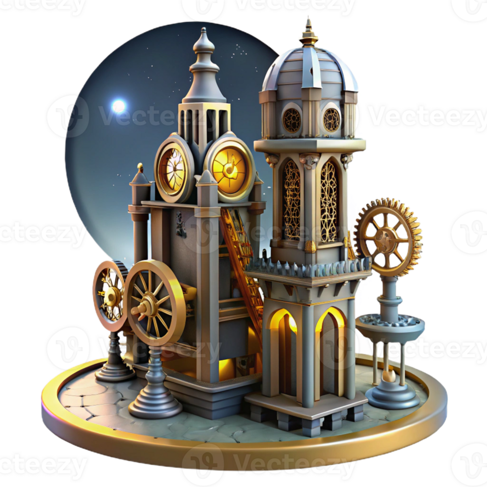 beautiful contemporary A towering steampunk clock tower, intricate gears and pipes exposed, casting a long shadow, lit by a full moon, gothic architecture genuine png