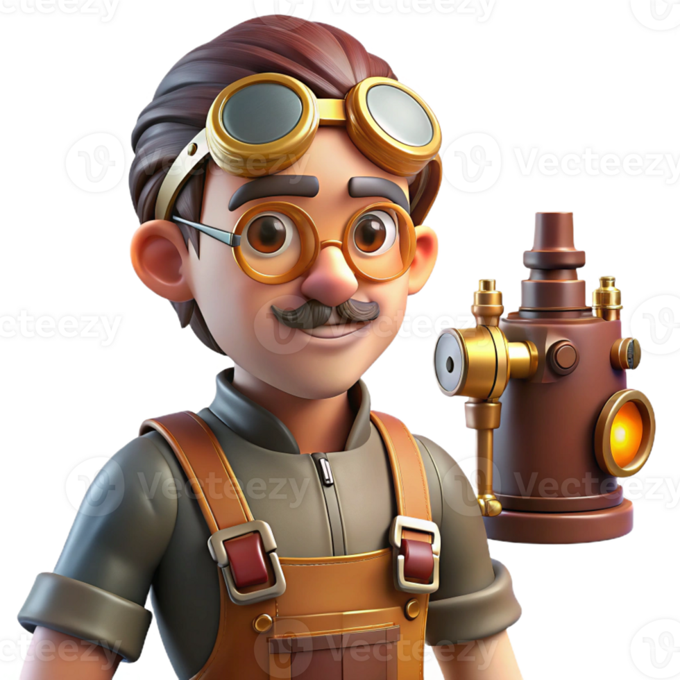 vibrant vintage A curious steampunk inventor, wearing goggles and a leather apron, surrounded by strange gadgets, warm workshop lighting, realistic style professional png