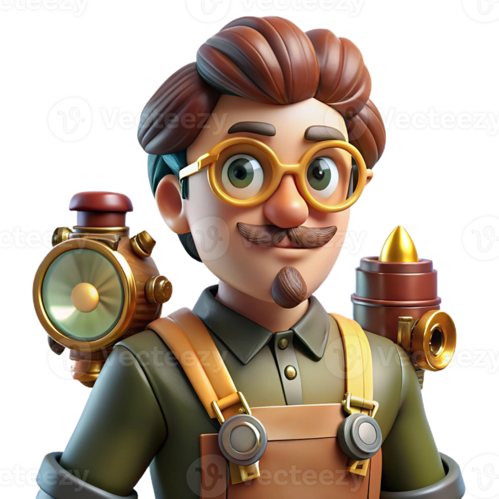 stunning rustic A curious steampunk inventor, wearing goggles and a leather apron, surrounded by strange gadgets, warm workshop lighting, realistic style genuine png