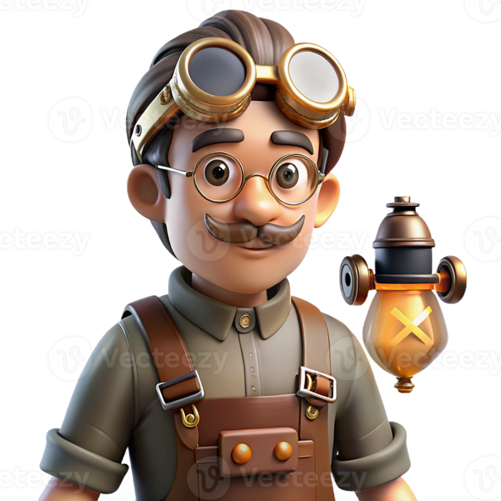 magnificent traditional A curious steampunk inventor, wearing goggles and a leather apron, surrounded by strange gadgets, warm workshop lighting, realistic style exclusive png