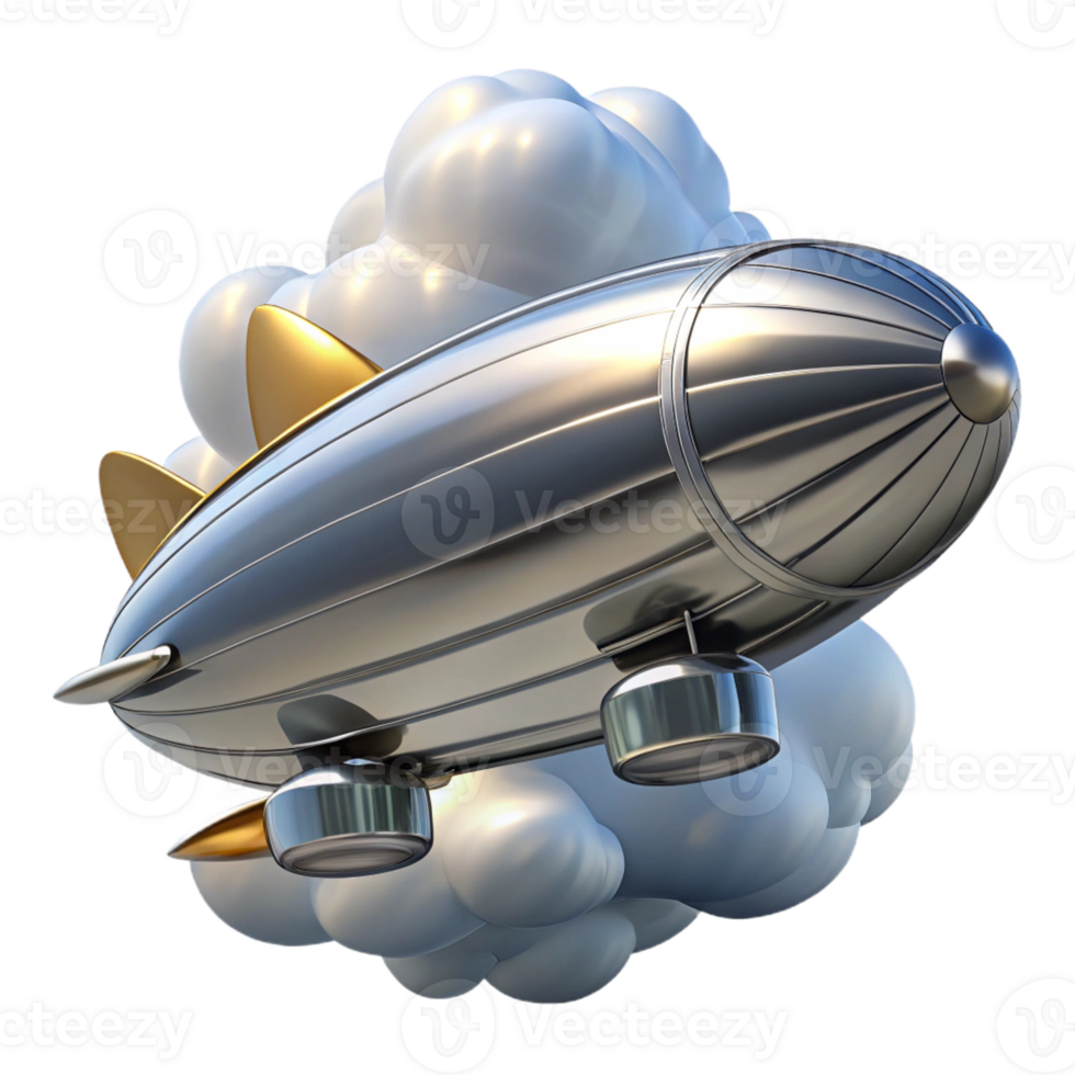 stunning modern A sleek steampunk airship, silver and chrome, soaring through a cloudy sky, lit by a bright sun, art deco style authentic png