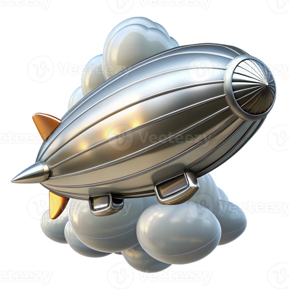 wonderful contemporary A sleek steampunk airship, silver and chrome, soaring through a cloudy sky, lit by a bright sun, art deco style professional png