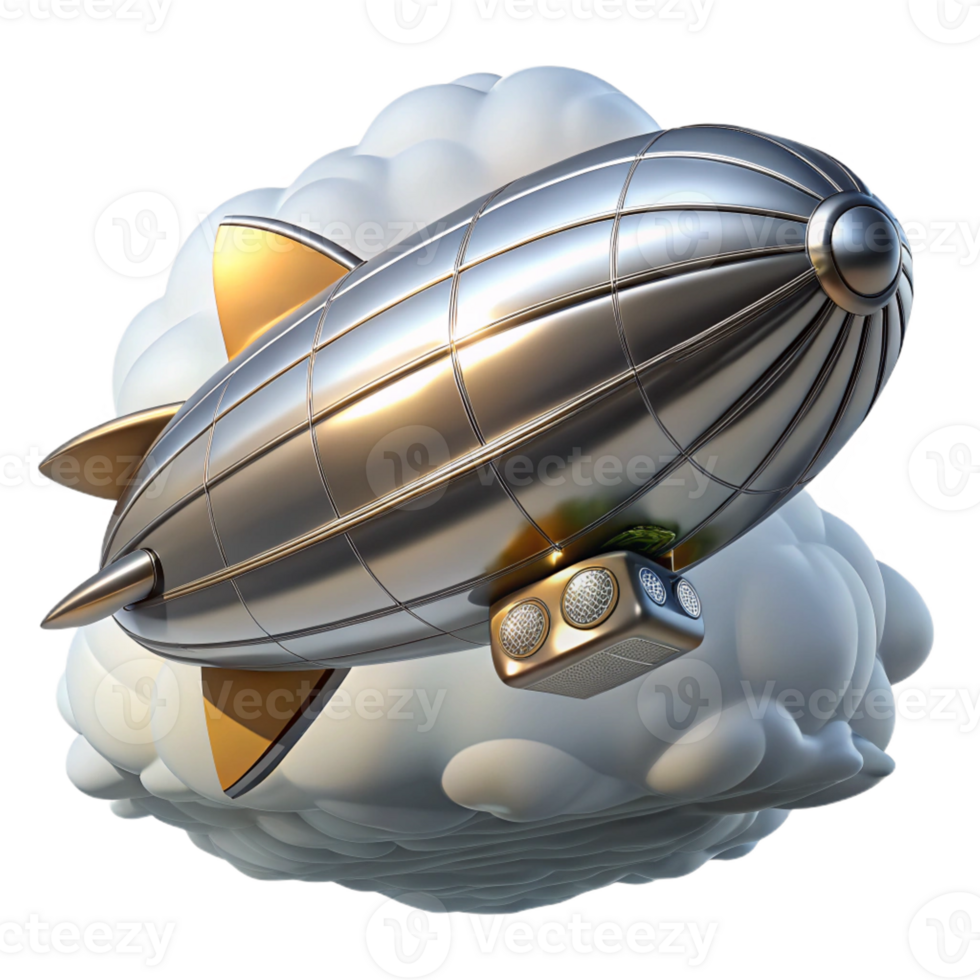 beautiful creative A sleek steampunk airship, silver and chrome, soaring through a cloudy sky, lit by a bright sun, art deco style premium png