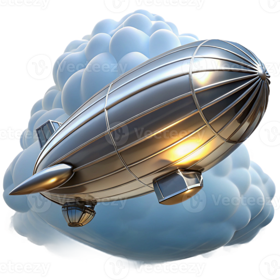 stunning abstract A sleek steampunk airship, silver and chrome, soaring through a cloudy sky, lit by a bright sun, art deco style 4K png