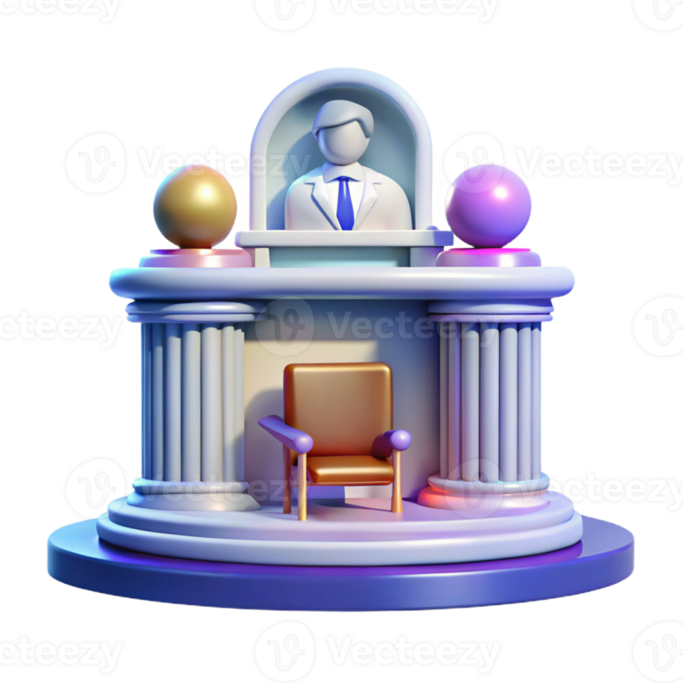 serene minimalist A futuristic courtroom, where a holographic judge presides over a trial. Clean, minimalist style authentic png