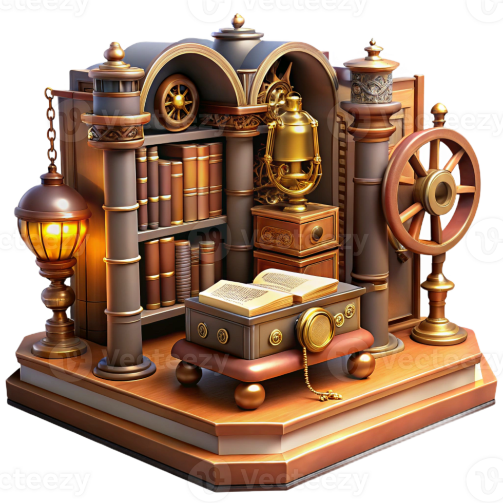 extraordinary modern A grand steampunk library, filled with antique books and mechanical devices, warm, inviting lighting, Victorian era aesthetic professional png