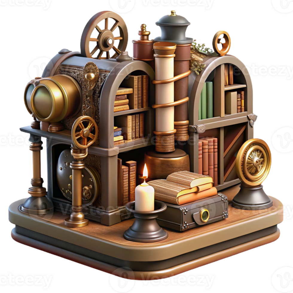 wonderful vintage A grand steampunk library, filled with antique books and mechanical devices, warm, inviting lighting, Victorian era aesthetic professional png