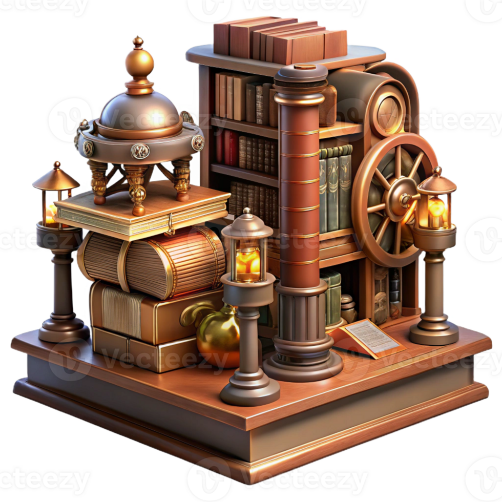 elegant classic A grand steampunk library, filled with antique books and mechanical devices, warm, inviting lighting, Victorian era aesthetic professional png