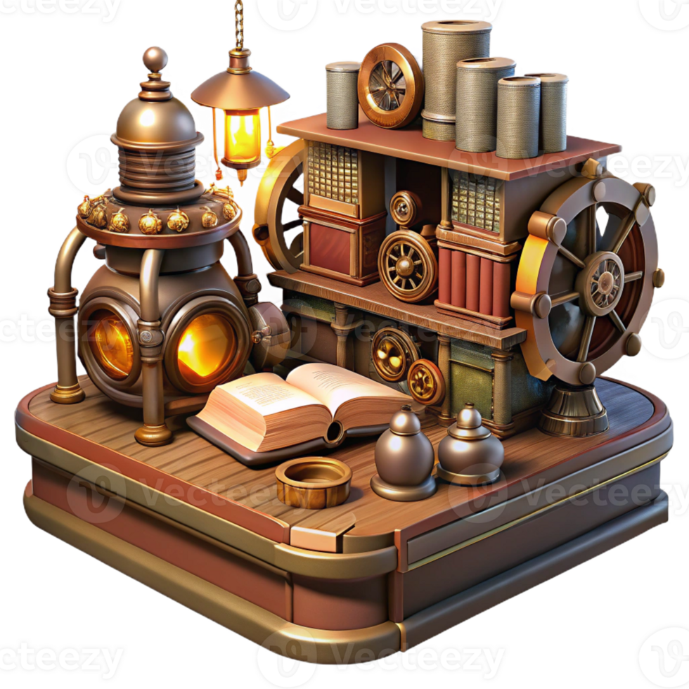magnificent traditional A grand steampunk library, filled with antique books and mechanical devices, warm, inviting lighting, Victorian era aesthetic premium png