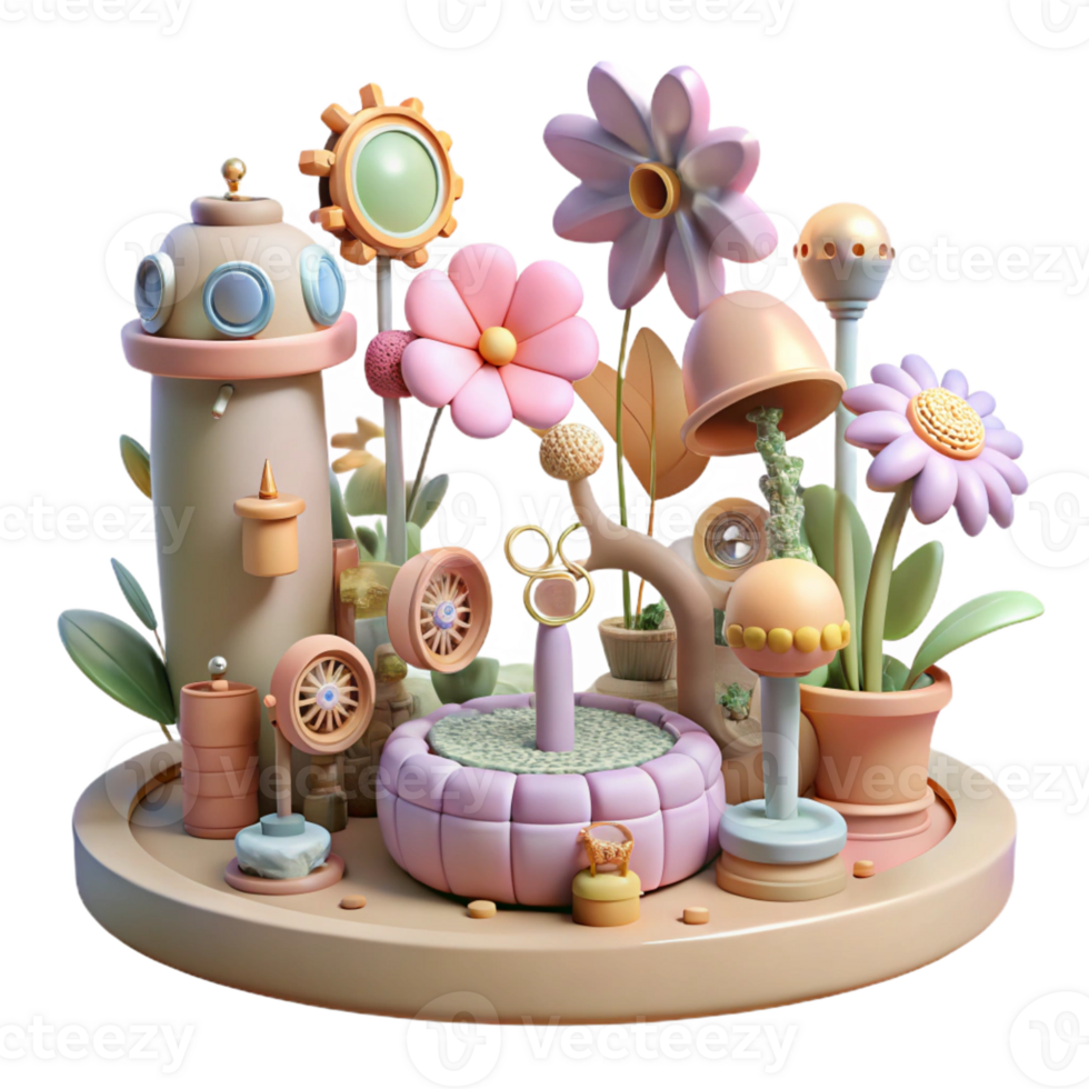 dramatic classic A whimsical steampunk garden, filled with mechanical flowers and robotic insects, soft pastel colors, dreamlike lighting high resolution png