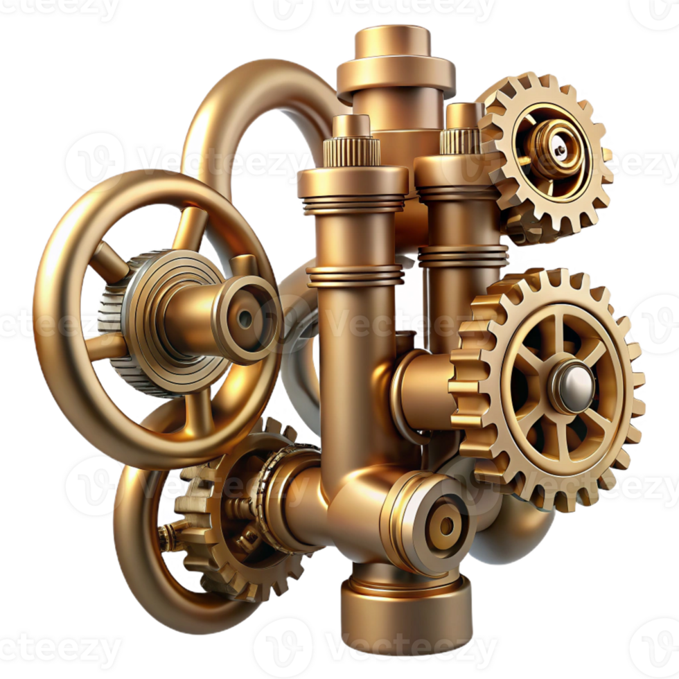 dramatic minimalist A complex network of brass pipes and gears, intricate details, dim, moody lighting, hyperrealistic style high resolution png