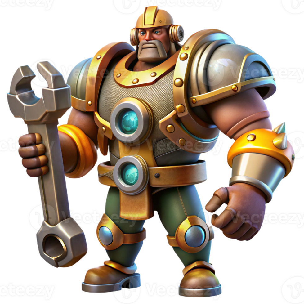 stunning vintage A powerful steampunk mech, heavily armored, wielding a giant wrench, dramatic lighting, comic book style professional png