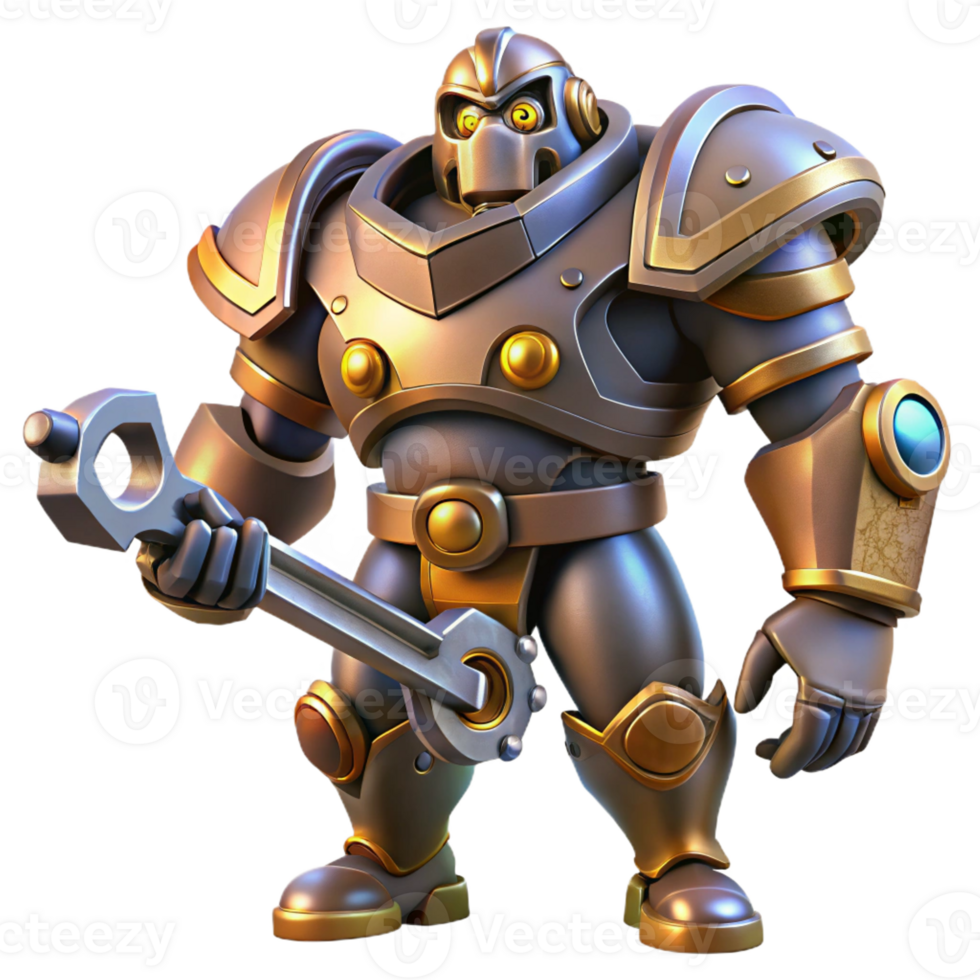 beautiful artistic A powerful steampunk mech, heavily armored, wielding a giant wrench, dramatic lighting, comic book style original png