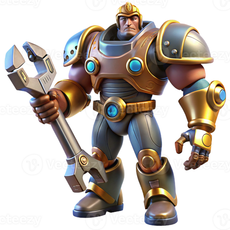 wonderful minimalist A powerful steampunk mech, heavily armored, wielding a giant wrench, dramatic lighting, comic book style premium png