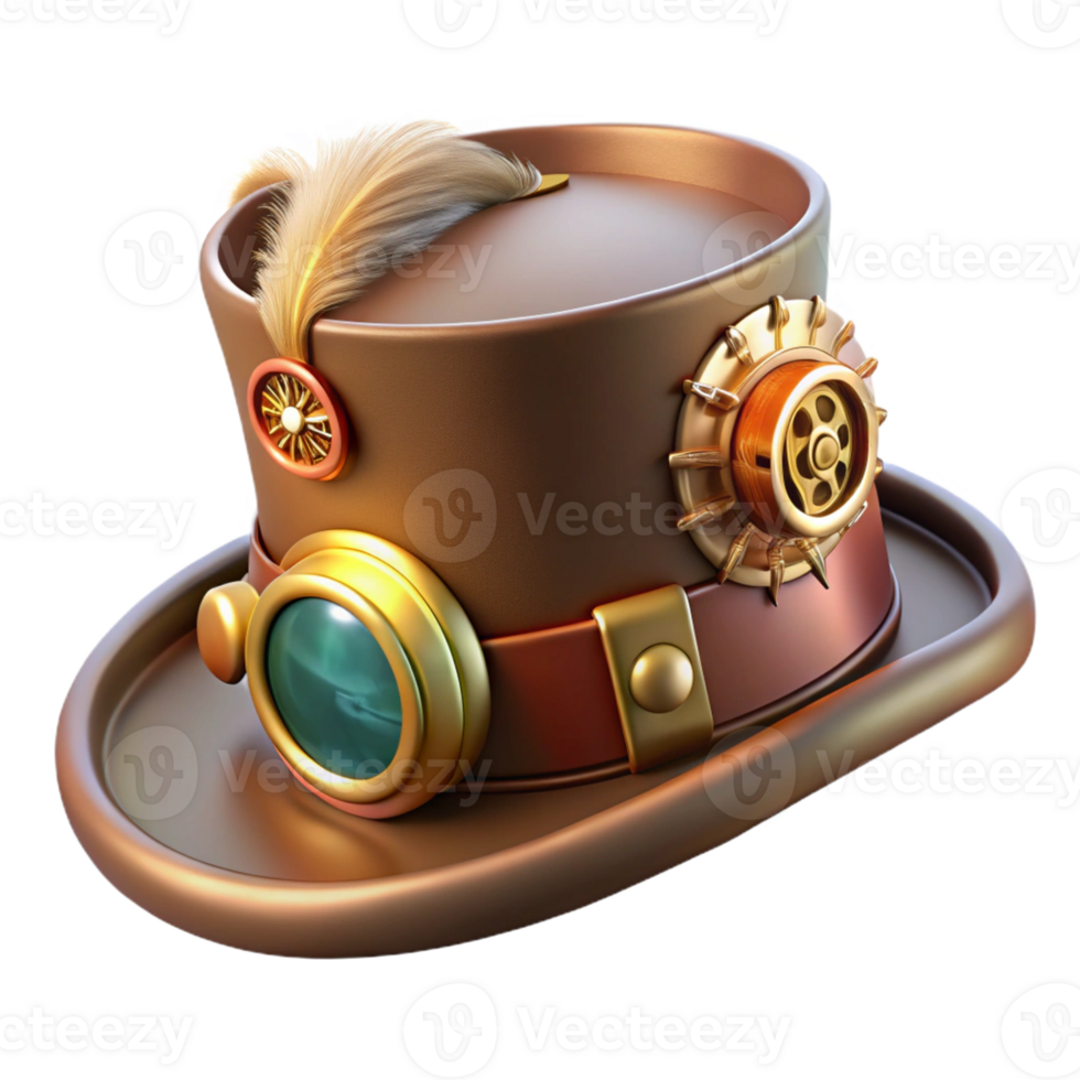 serene vintage A stylish steampunk hat, adorned with gears, goggles, and feathers, lit by a soft spotlight, realistic rendering original png