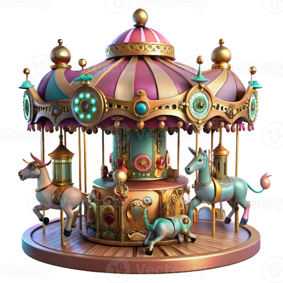 extraordinary traditional A whimsical steampunk carousel, adorned with mechanical animals and intricate gears, colorful lighting, art nouveau style authentic png