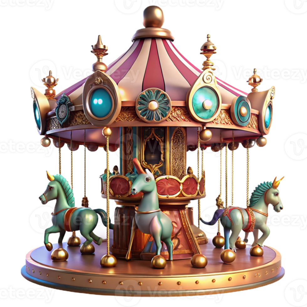 stunning artistic A whimsical steampunk carousel, adorned with mechanical animals and intricate gears, colorful lighting, art nouveau style professional png