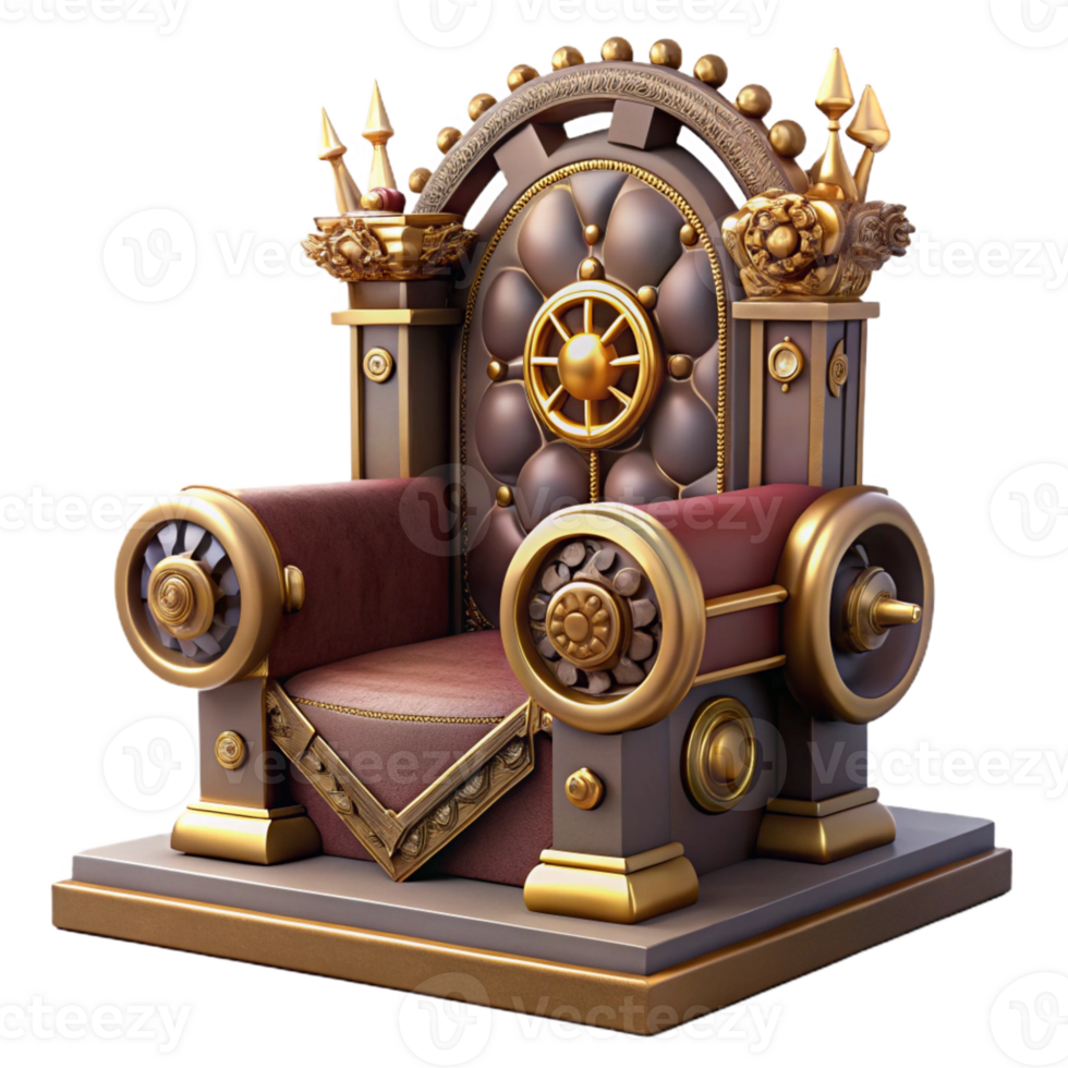 elegant contemporary A majestic steampunk throne, ornate gold and velvet, adorned with gears and clockwork, dramatic lighting detailed png