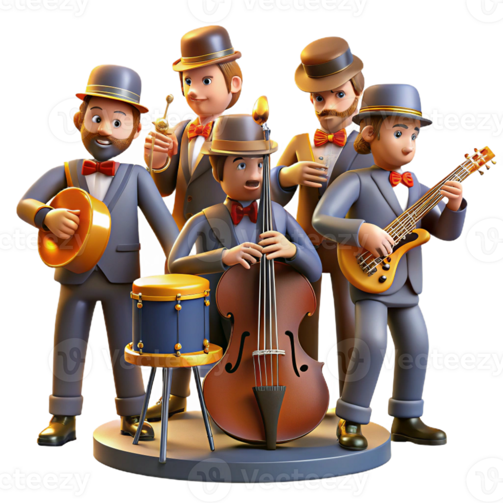 wonderful traditional A group of steampunk musicians, playing bizarre instruments, vibrant stage lighting, jazz age style high resolution png