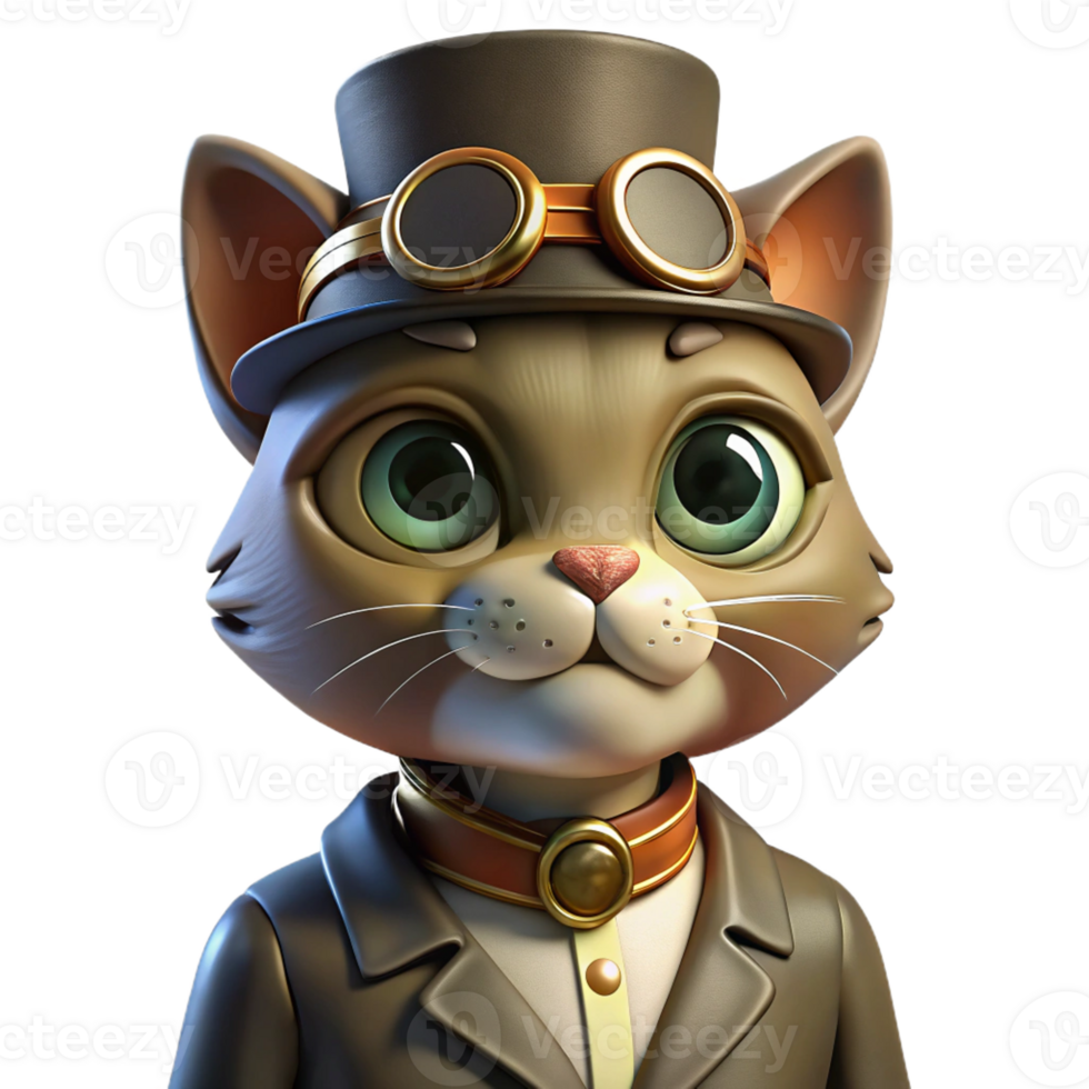 vibrant creative A portrait of a steampunk cat wearing goggles and a tiny top hat, warm, studio lighting, realistic style 4K png