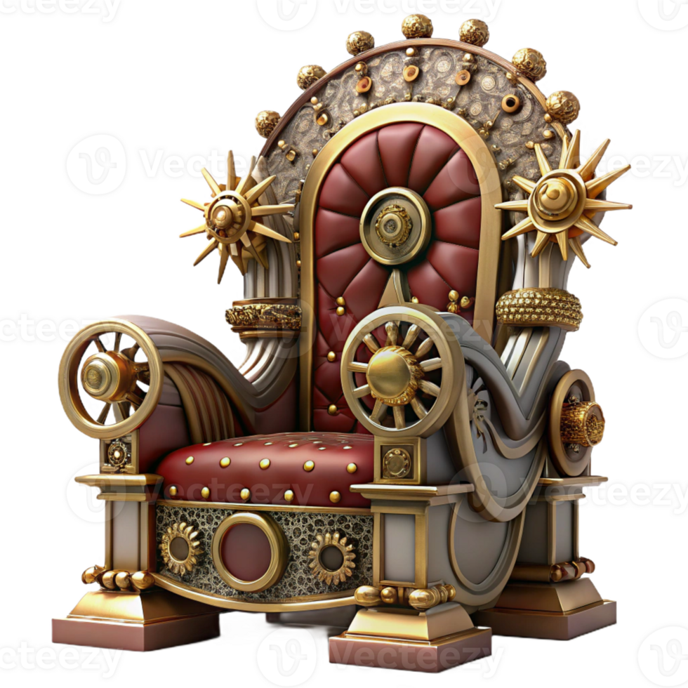 wonderful rustic A majestic steampunk throne, ornate gold and velvet, adorned with gears and clockwork, dramatic lighting detailed png