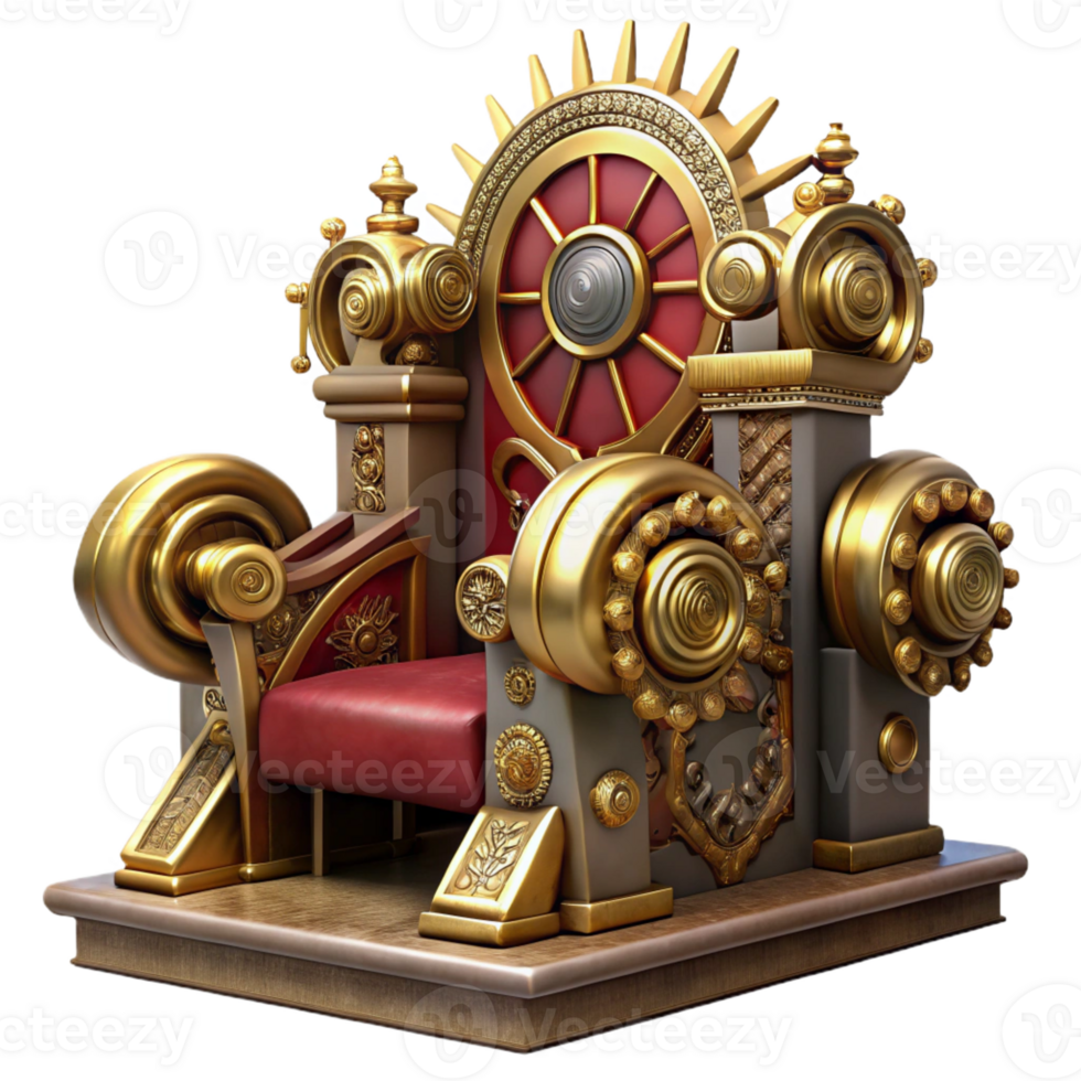 vibrant minimalist A majestic steampunk throne, ornate gold and velvet, adorned with gears and clockwork, dramatic lighting professional png
