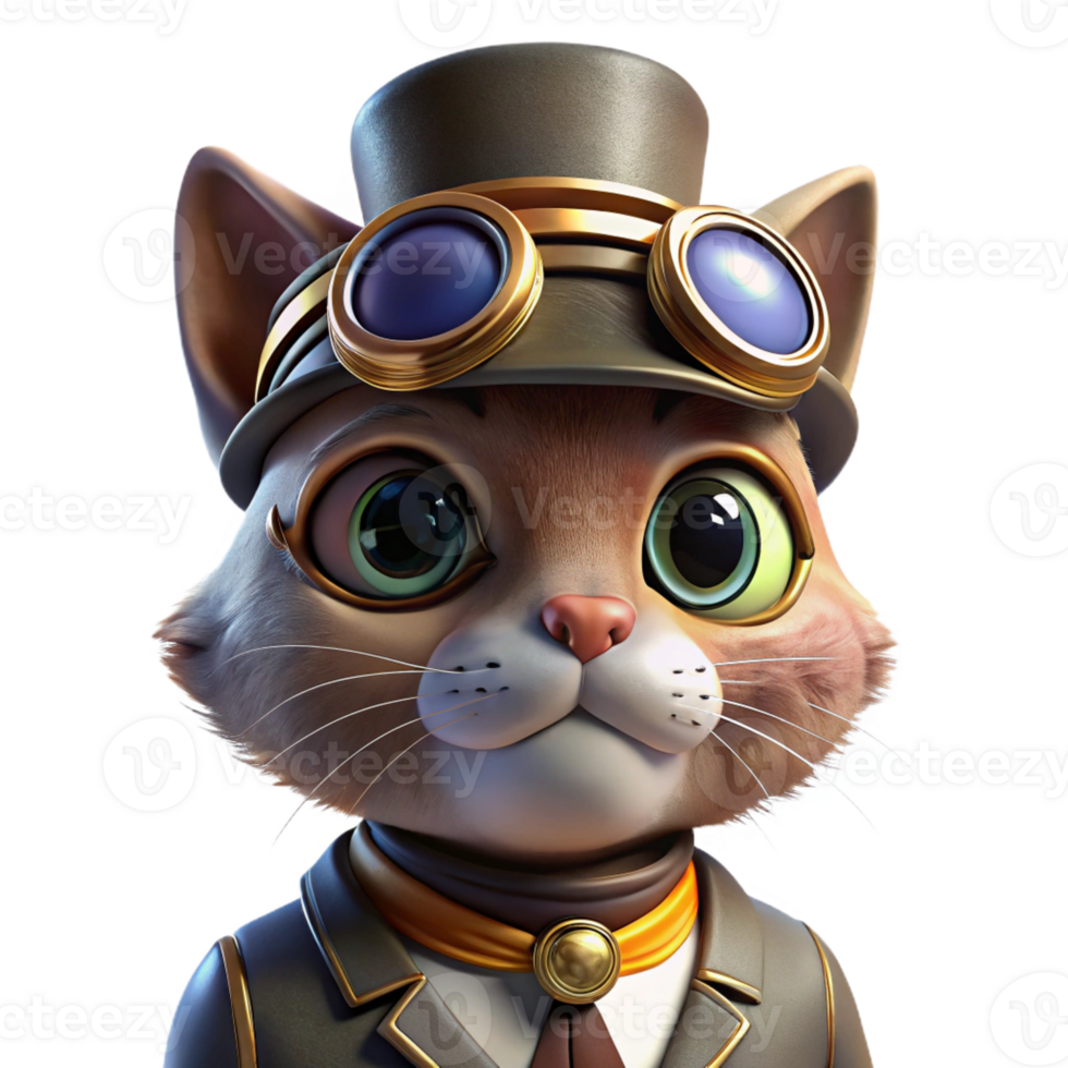 impressive creative A portrait of a steampunk cat wearing goggles and a tiny top hat, warm, studio lighting, realistic style authentic png