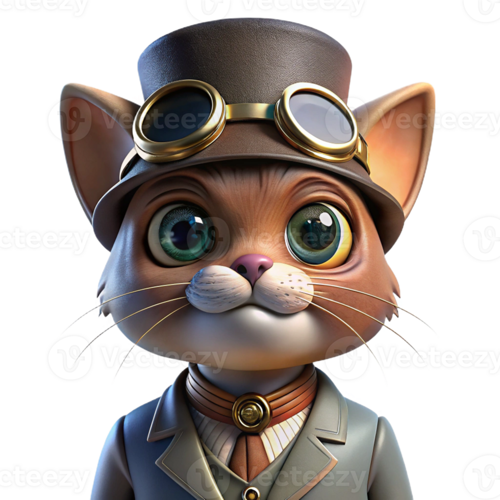 elegant modern A portrait of a steampunk cat wearing goggles and a tiny top hat, warm, studio lighting, realistic style authentic png