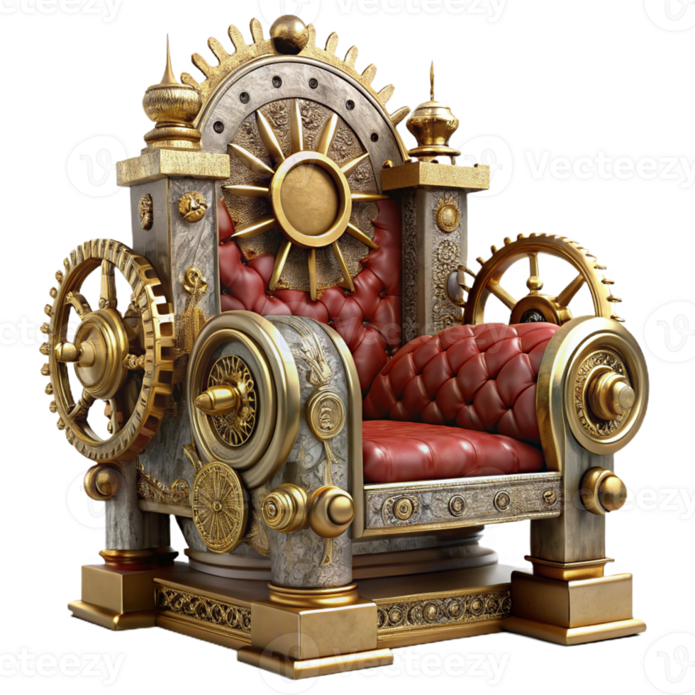 beautiful rustic A majestic steampunk throne, ornate gold and velvet, adorned with gears and clockwork, dramatic lighting professional png