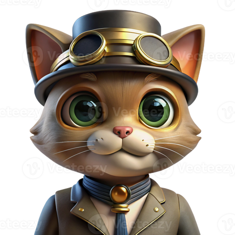 elegant modern A portrait of a steampunk cat wearing goggles and a tiny top hat, warm, studio lighting, realistic style high resolution png