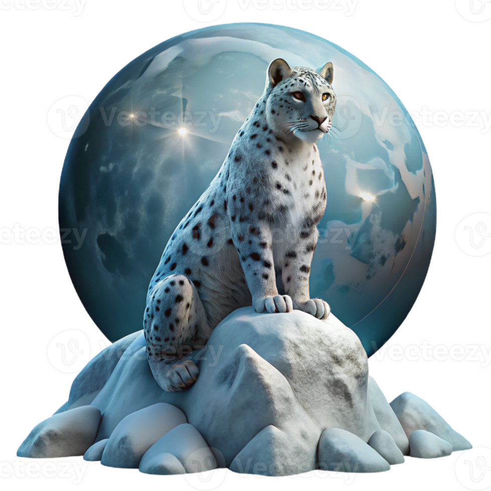 magnificent classic A majestic snow leopard perched atop a jagged, snow-dusted Himalayan peak, lit by the ethereal glow of a full moon, rendered in a hyperrealistic style exclusive png