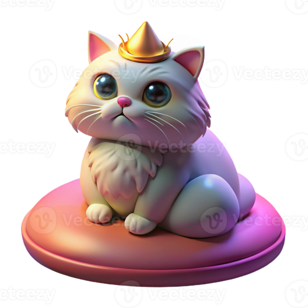 wonderful rustic A grumpy-looking Persian cat wearing a tiny crown, sitting on a velvet cushion, illuminated by a single spotlight, pop art style high quality png