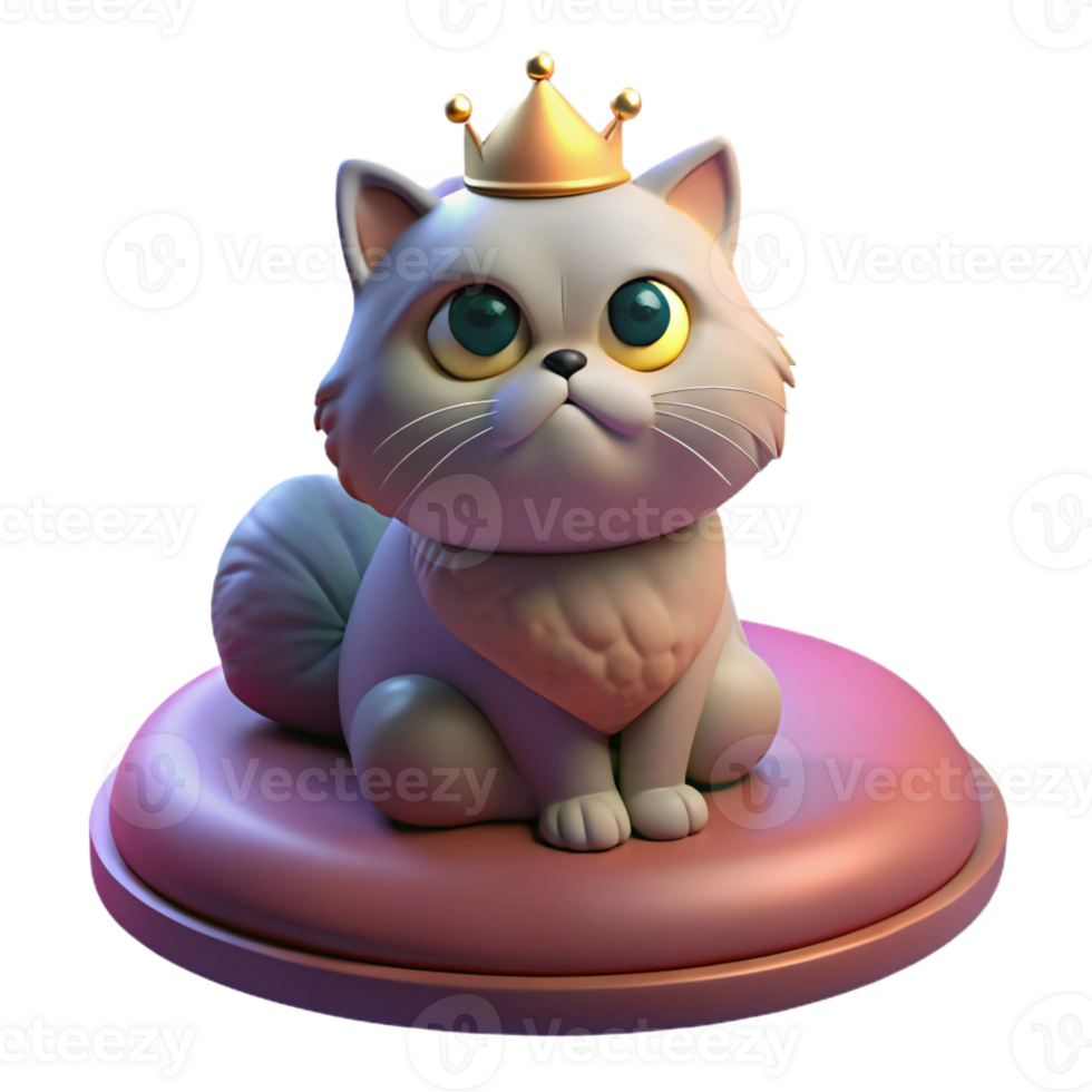 dramatic creative A grumpy-looking Persian cat wearing a tiny crown, sitting on a velvet cushion, illuminated by a single spotlight, pop art style exclusive png