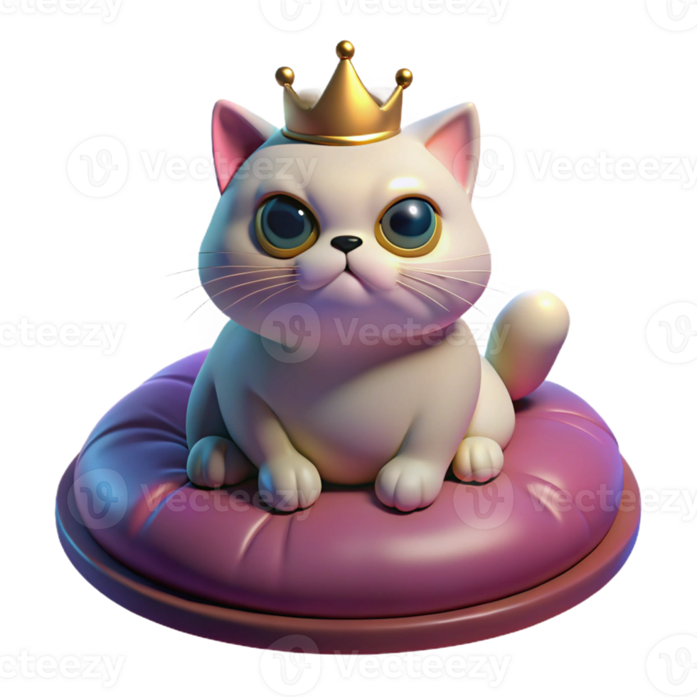 impressive contemporary A grumpy-looking Persian cat wearing a tiny crown, sitting on a velvet cushion, illuminated by a single spotlight, pop art style 4K png