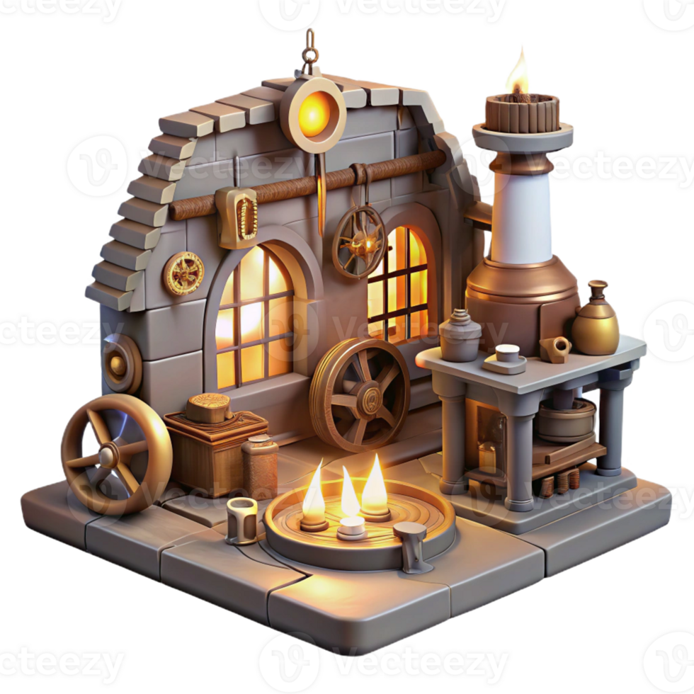 wonderful classic A cluttered steampunk workshop, filled with tools, gears, and half-finished inventions, lit by warm, flickering candlelight, highly detailed genuine png