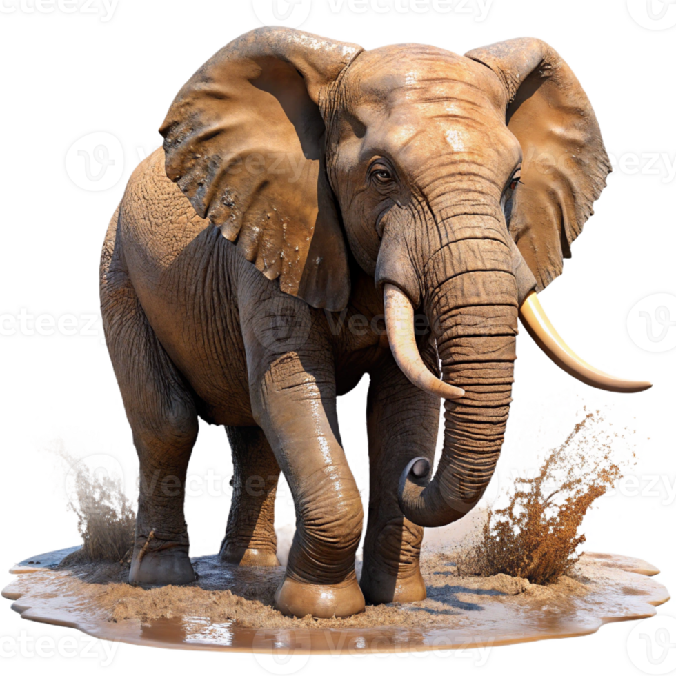wonderful creative A majestic African elephant bathing in a muddy waterhole, dust motes dancing in the sunlight, photorealistic style 4K png