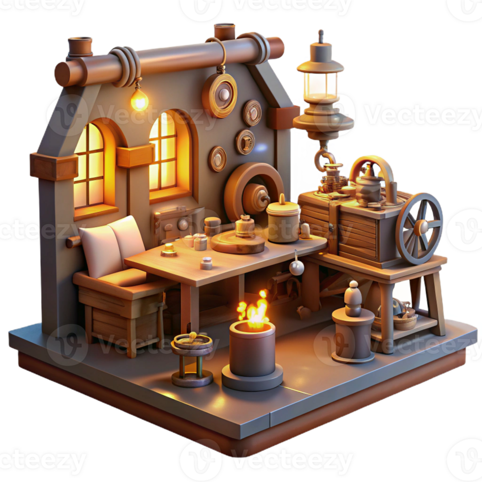 impressive classic A cluttered steampunk workshop, filled with tools, gears, and half-finished inventions, lit by warm, flickering candlelight, highly detailed high quality png