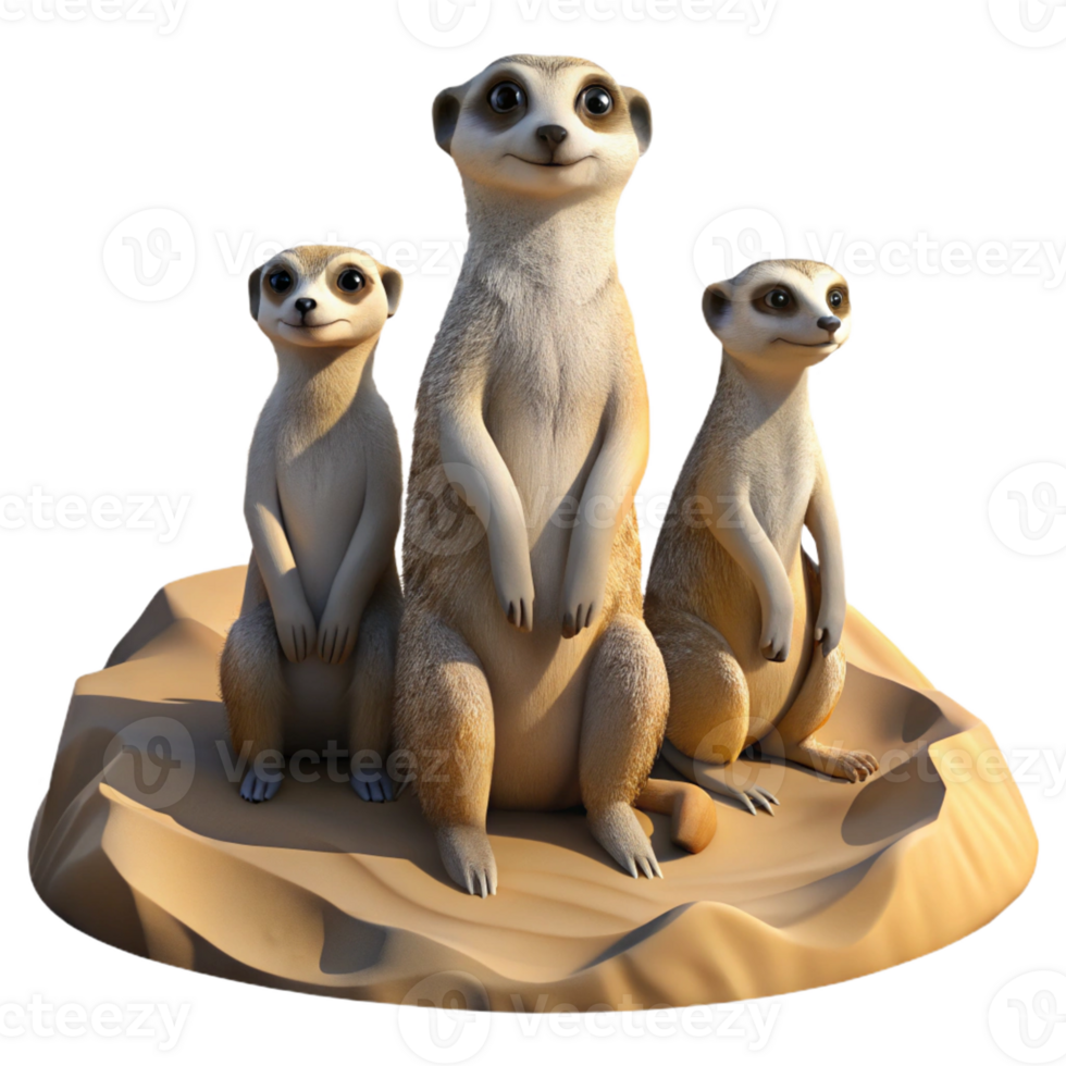 dramatic minimalist A family of meerkats standing alert on a sandy dune, harsh desert sunlight, photorealistic style genuine png