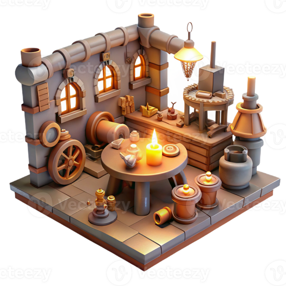 magnificent modern A cluttered steampunk workshop, filled with tools, gears, and half-finished inventions, lit by warm, flickering candlelight, highly detailed premium png