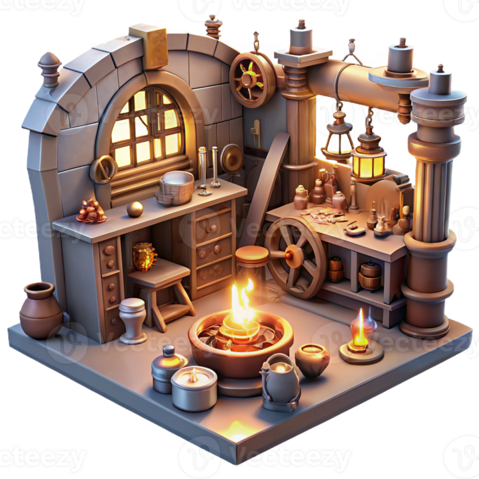 impressive minimalist A cluttered steampunk workshop, filled with tools, gears, and half-finished inventions, lit by warm, flickering candlelight, highly detailed 4K png