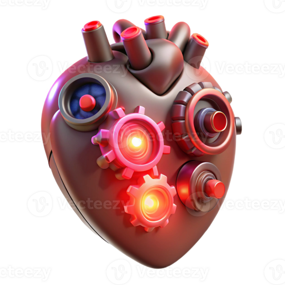 stunning artistic A mechanical heart, intricately crafted with gears, pipes, and glowing crystals, lit by a pulsing red light, bioluminescent style premium png