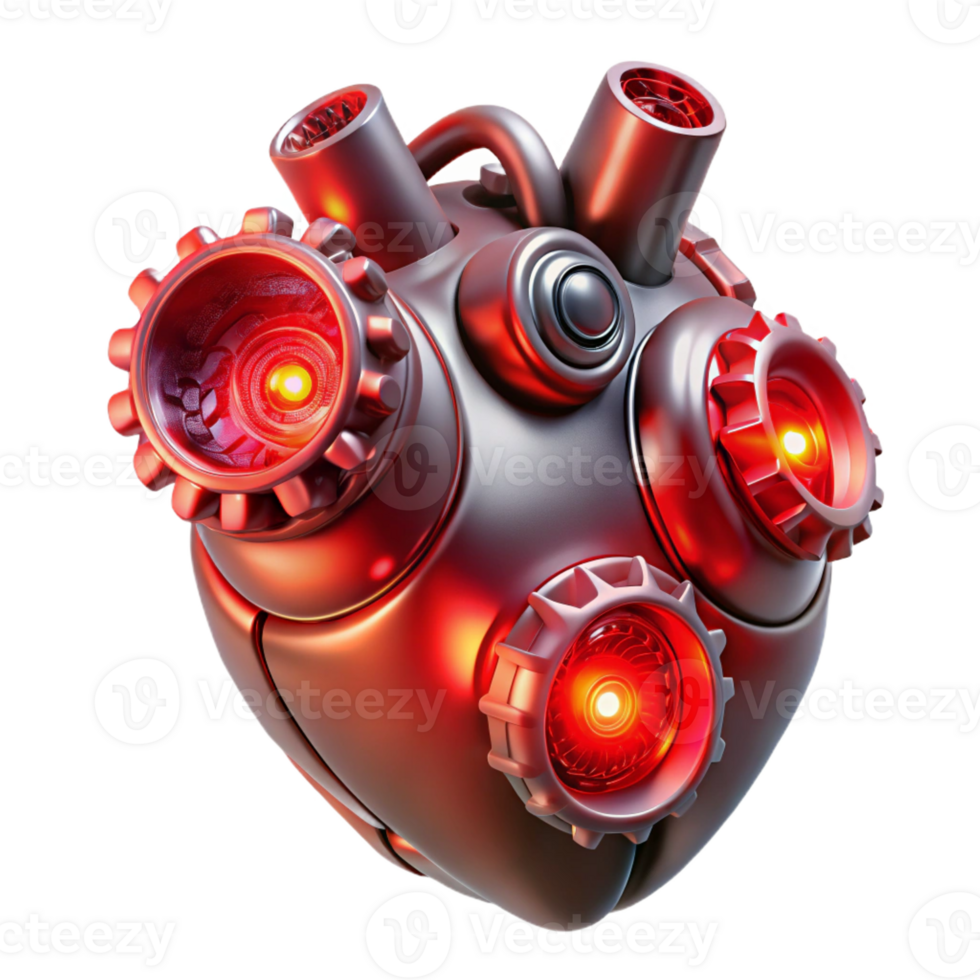 dramatic modern A mechanical heart, intricately crafted with gears, pipes, and glowing crystals, lit by a pulsing red light, bioluminescent style high resolution png