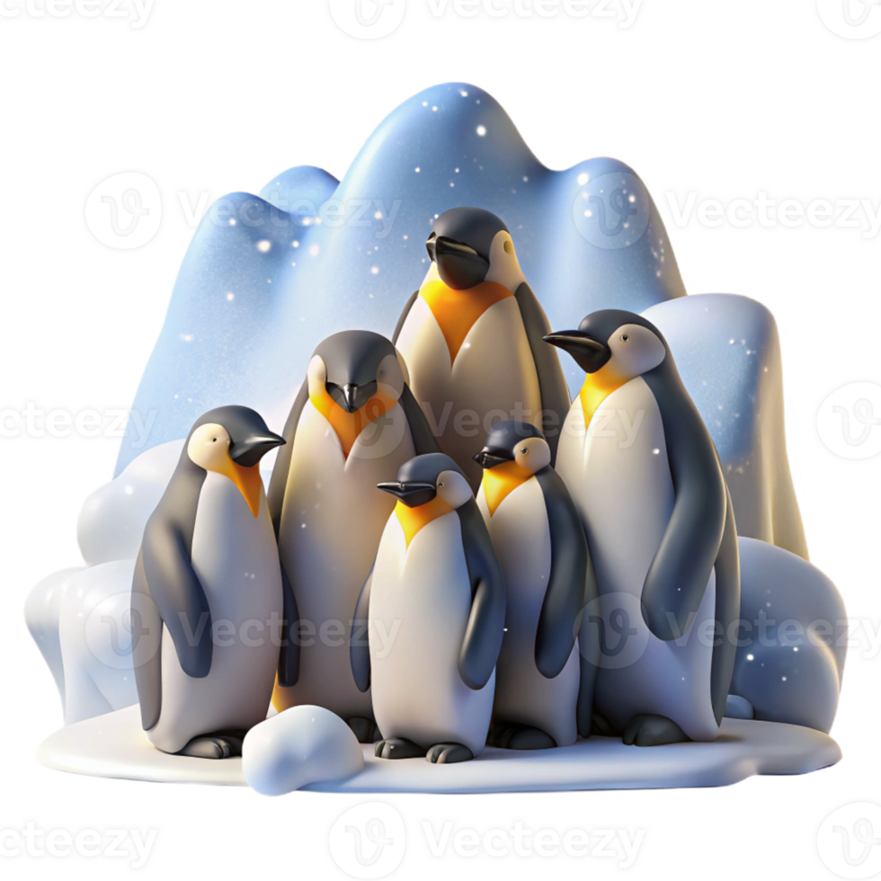 vibrant minimalist A group of emperor penguins huddled together against a blizzard, stark white landscape, dramatic lighting, photorealistic style premium png