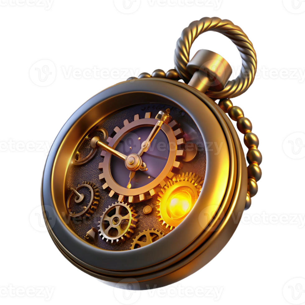 stunning vintage A close-up of a steampunk pocket watch, intricate gears and glowing Roman numerals, dimly lit, mysterious atmosphere 4K png