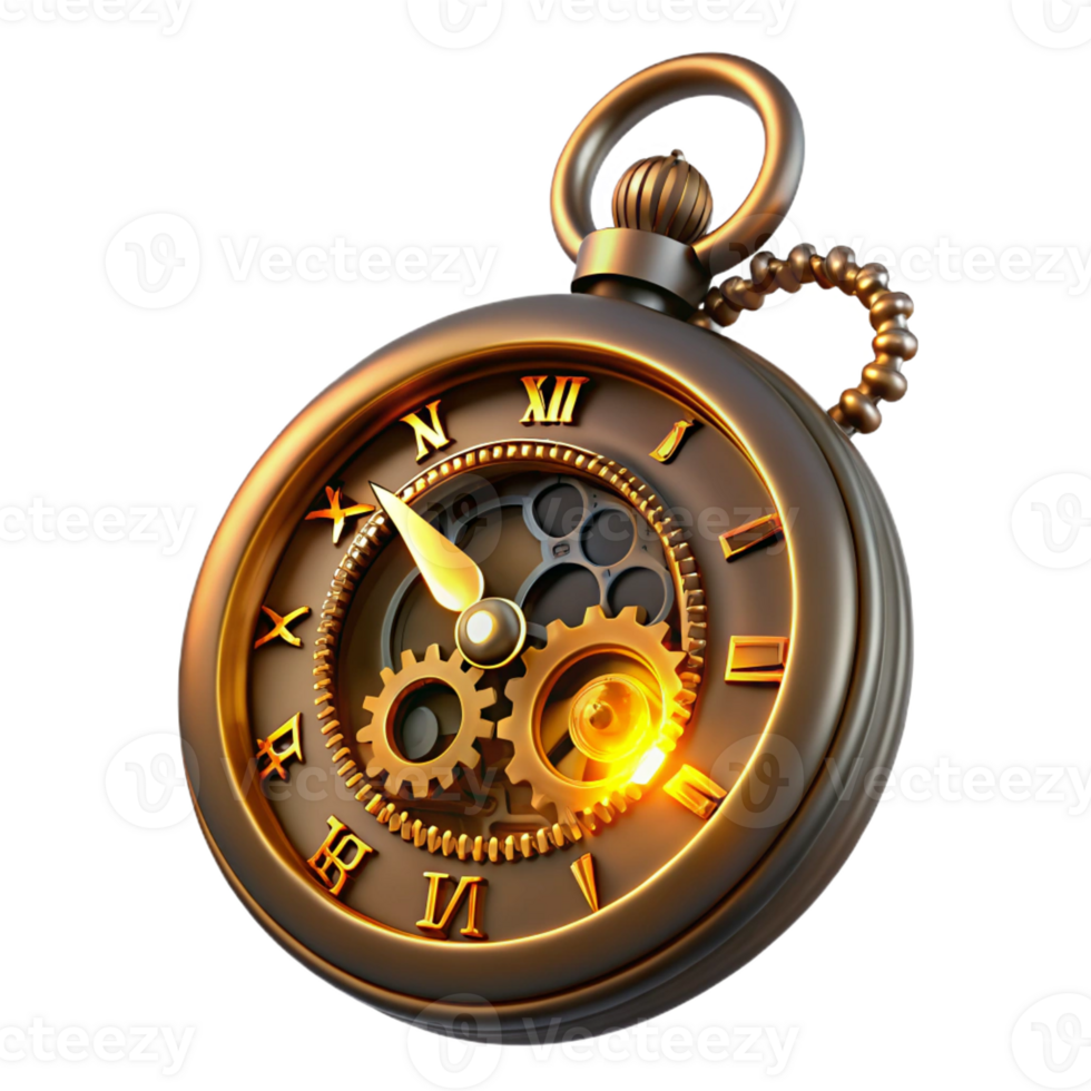 serene creative A close-up of a steampunk pocket watch, intricate gears and glowing Roman numerals, dimly lit, mysterious atmosphere high resolution png