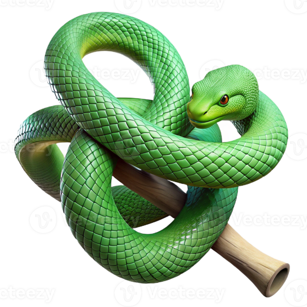 elegant traditional A slithering green mamba snake coiled around a branch, intricate scales, rainforest setting, photorealistic style detailed png
